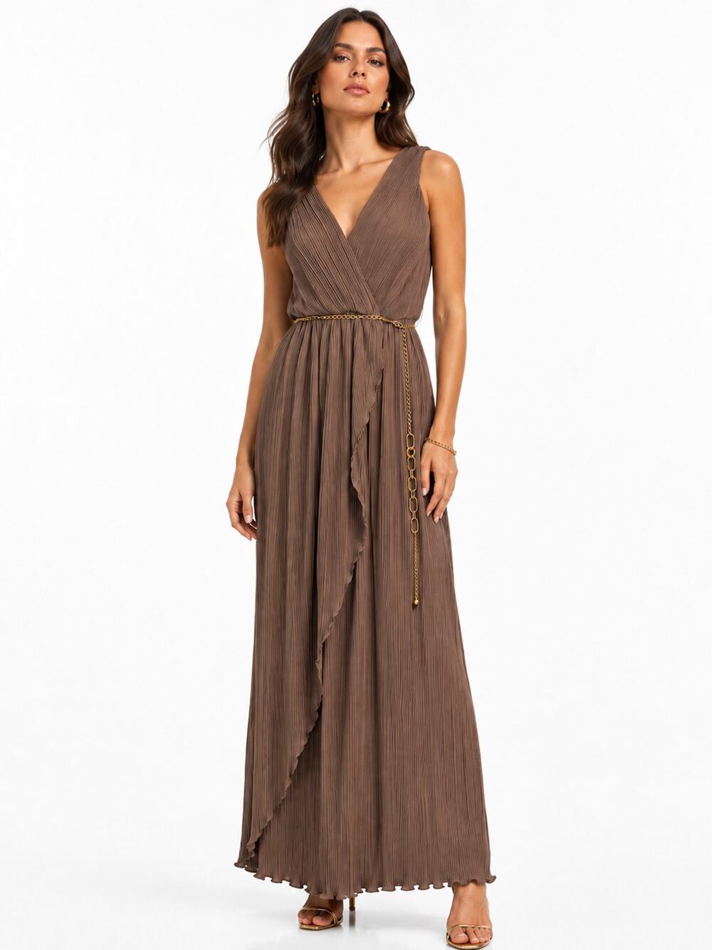 70s Jack Bryan Mocha Micro Pleat True Wrap Gown XS/S